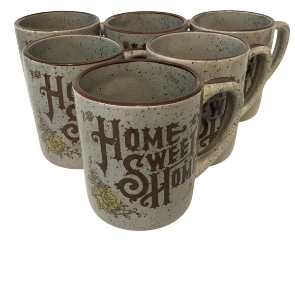 VINTAGE Japan Stoneware Home Sweet Home Mugs Set of 6 + Adjustable Rack NOS - Picture 1 of 8